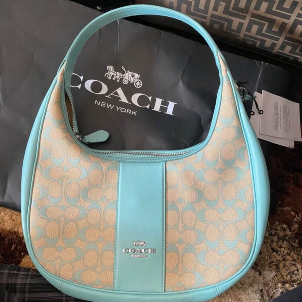 Coach Signature Jacquard Carmen Shoulder Bag Handbag Faded Blue New
